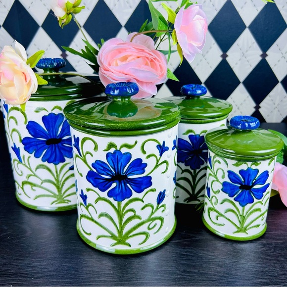 Metlox Poppytrail Blue Floral Canister Set, Green Lids, 4pc Vintage Very Large - Picture 17 of 17